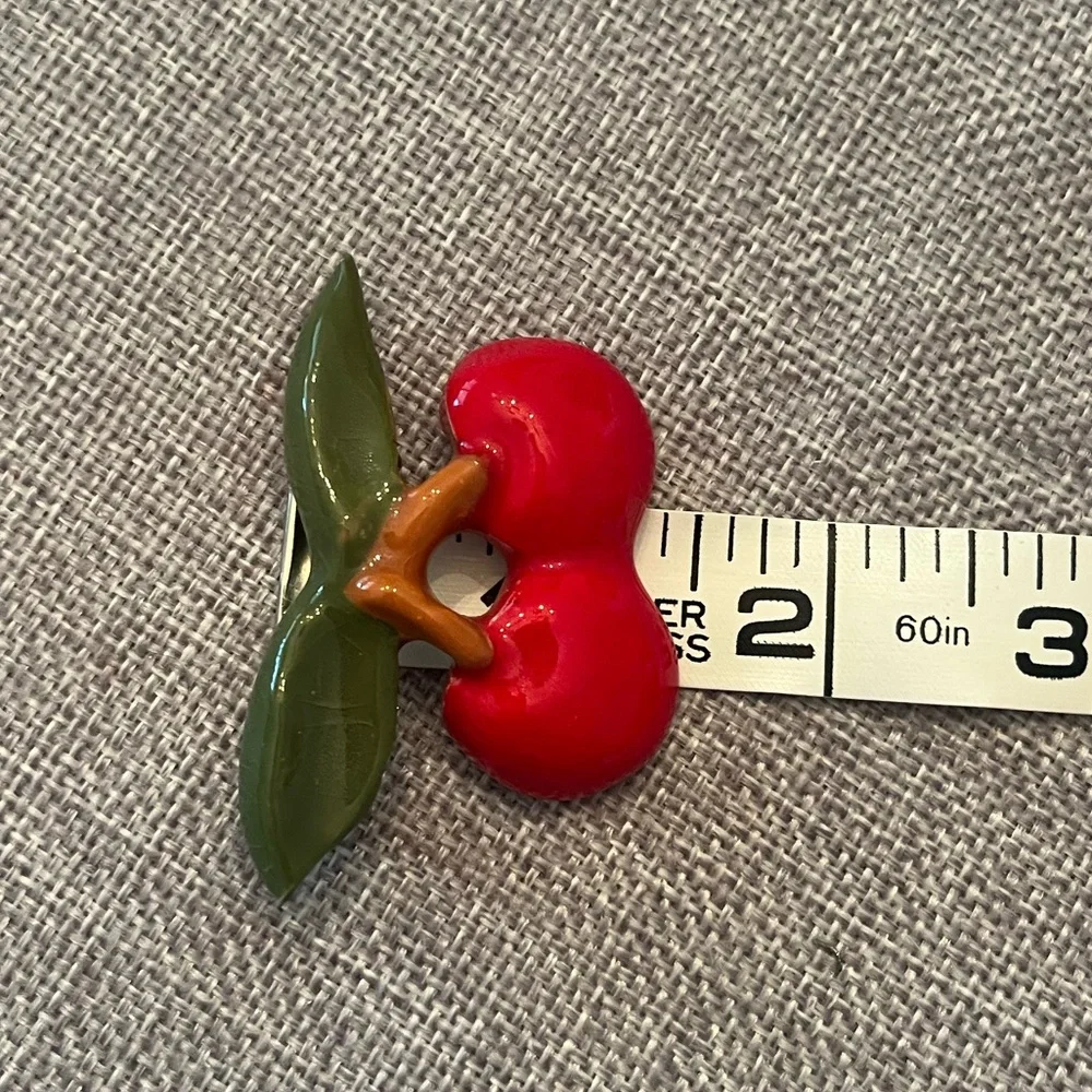 Vintage Ceramic Red Cherry Brooch with Green Leaves
